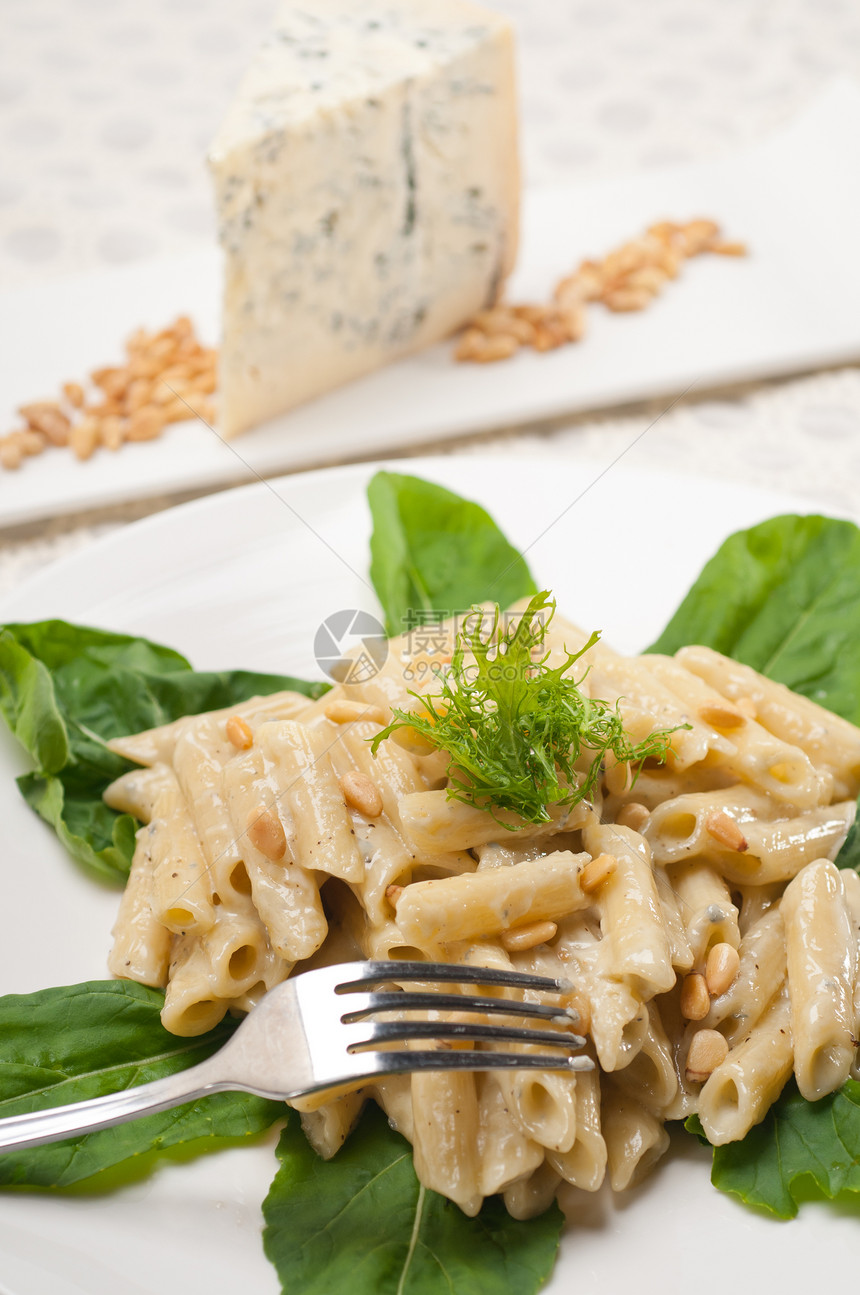 意大利通心粉戈贡佐拉和松子菠菜美食桌子坚果硬粒午餐食物蔬菜松树产品图片