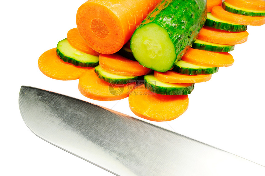 胡萝卜黄瓜和黄瓜沙拉厨房食物烹饪刀具菜刀橙子金属芯片生产图片
