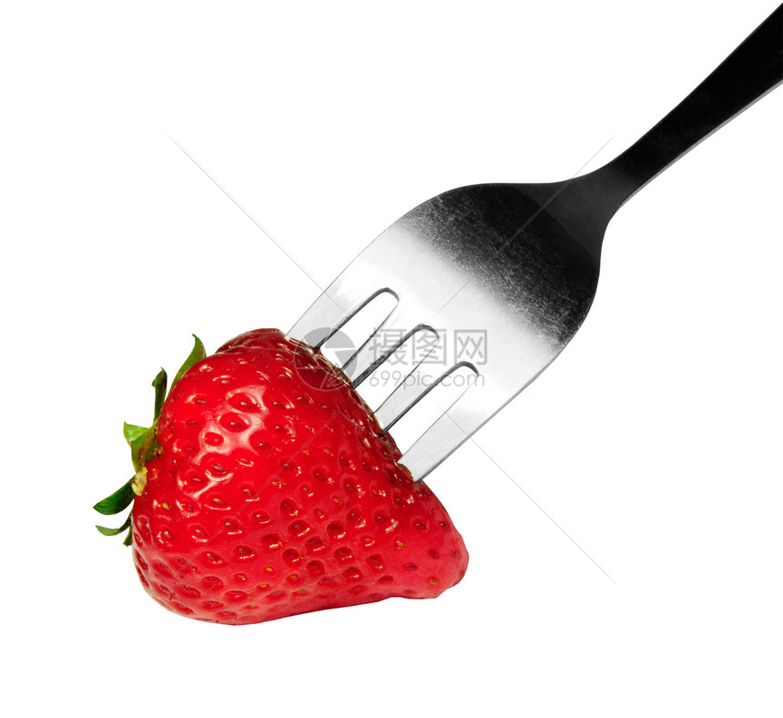 叉口上的草莓叶子营养种子白色甜点红色小吃美食水果果汁图片