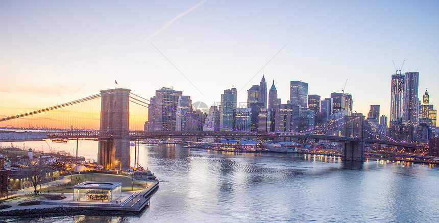 曼哈顿日落时纽约市桥商业反射景观全景电缆岩石场景市中心旅行建筑学图片
