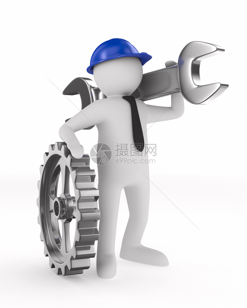 白色背景上挂扳手的男子 孤立的 3D 图像技术员齿轮插图修理维修工程师帮助职业装修技术图片