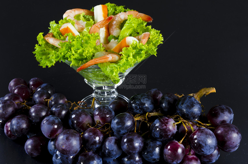 虾沙拉海洋美食营养饮食水果黑色钢巴红色海鲜宏观图片