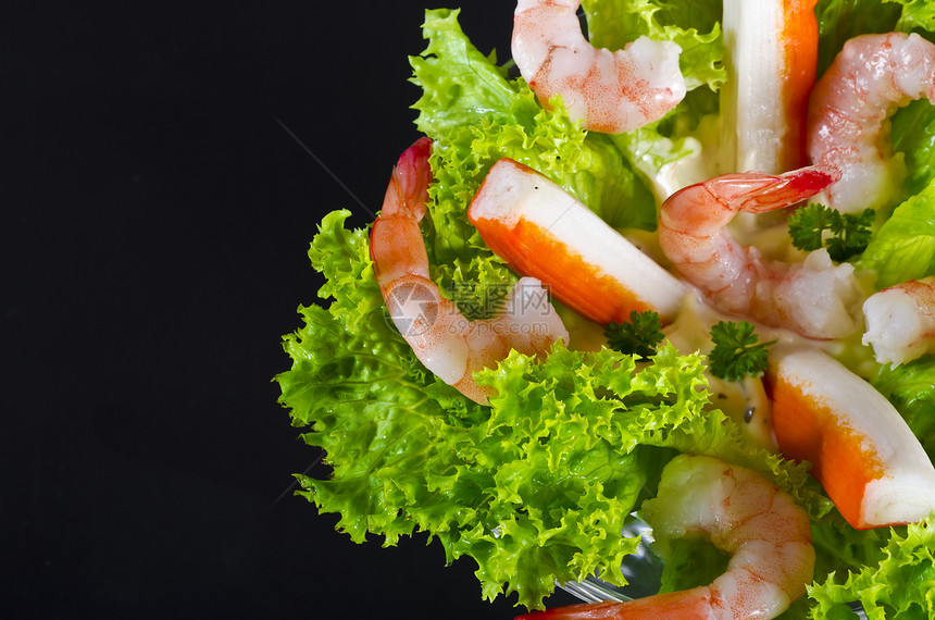 虾沙拉海鲜盘子营养水果螃蟹饮食红色绿色黑色美食图片