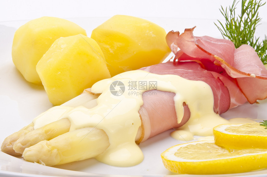 阿斯帕拉古斯 火腿和辣椒酱餐饮美食季节维生素早餐美味午餐盘子添加剂水果图片