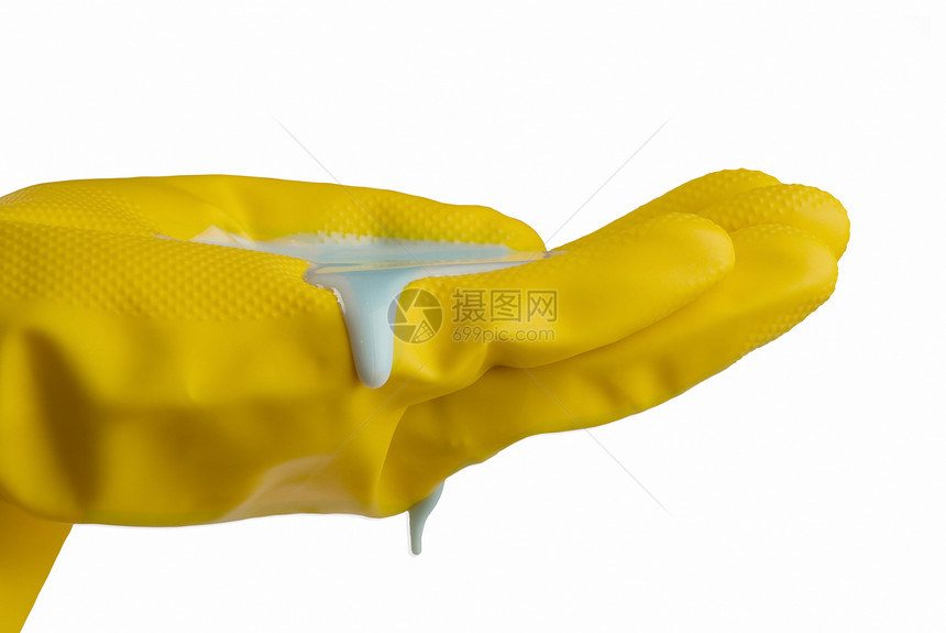 黄色手套 配有液体清洁肥皂橡皮卫生工作女佣家务家庭家政消毒剂手指白色图片