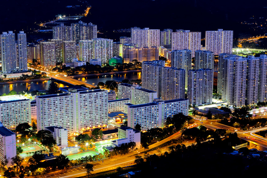 晚上在香港市中心地标天际办公室摩天大楼城市建筑物图片