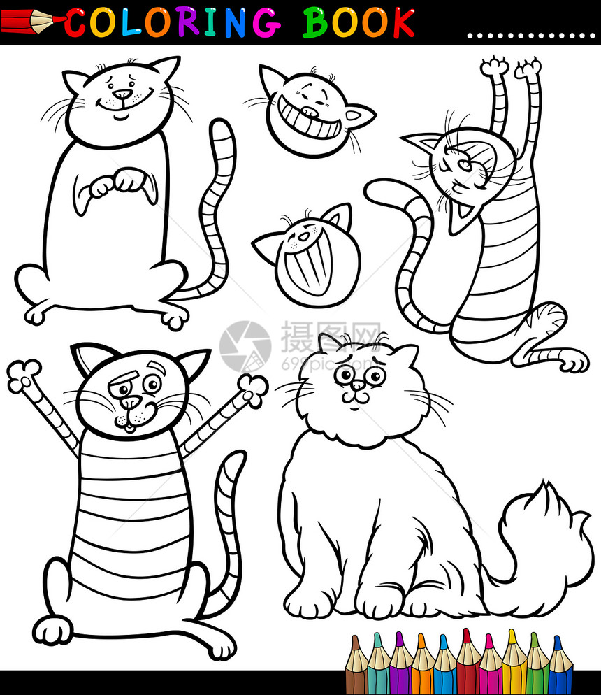 卡通刻画猫或 Kittens 色彩页面插图漫画染色尾巴快乐孩子们宠物绘画吉祥物幼儿园图片