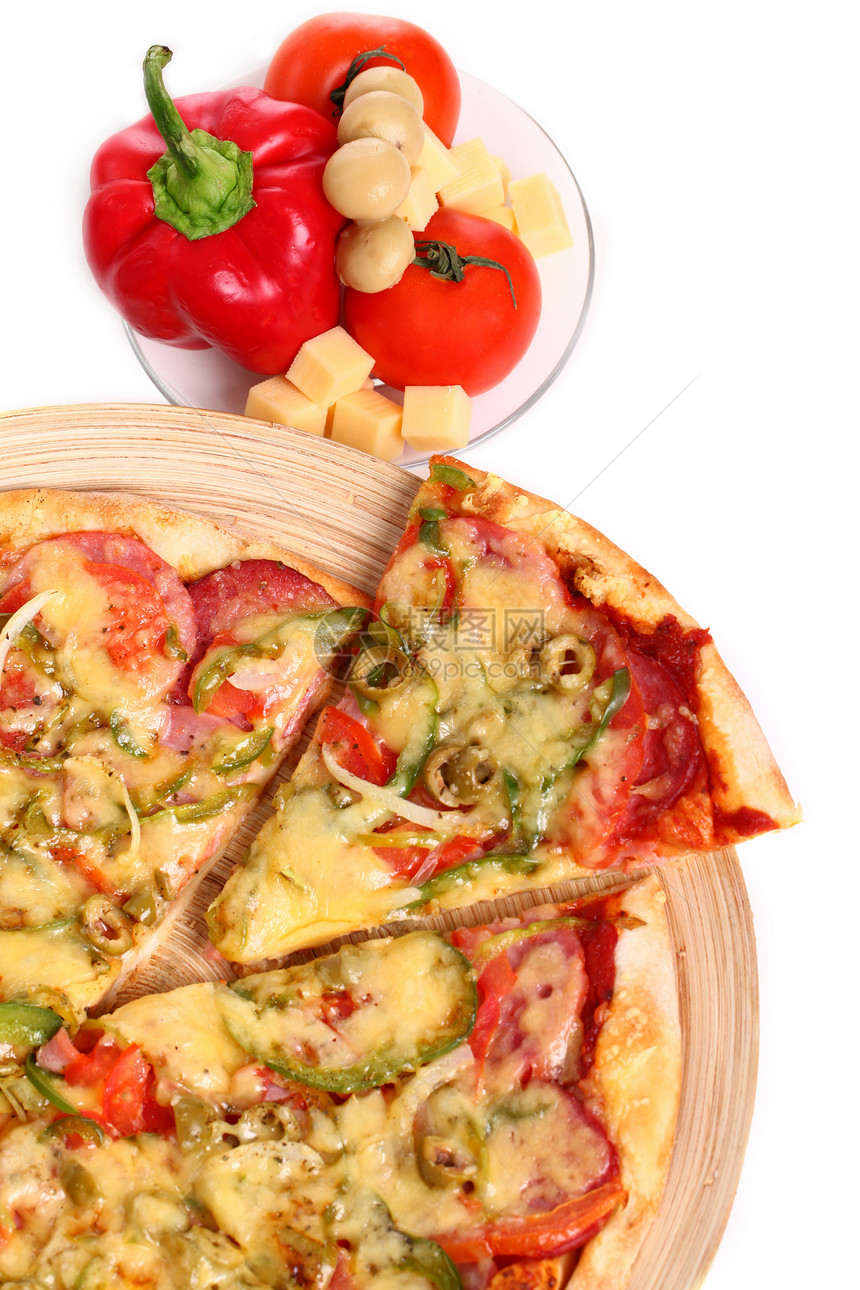 孤立的意大利新披萨火腿美食午餐香肠面团小吃送货圆圈育肥洋葱图片