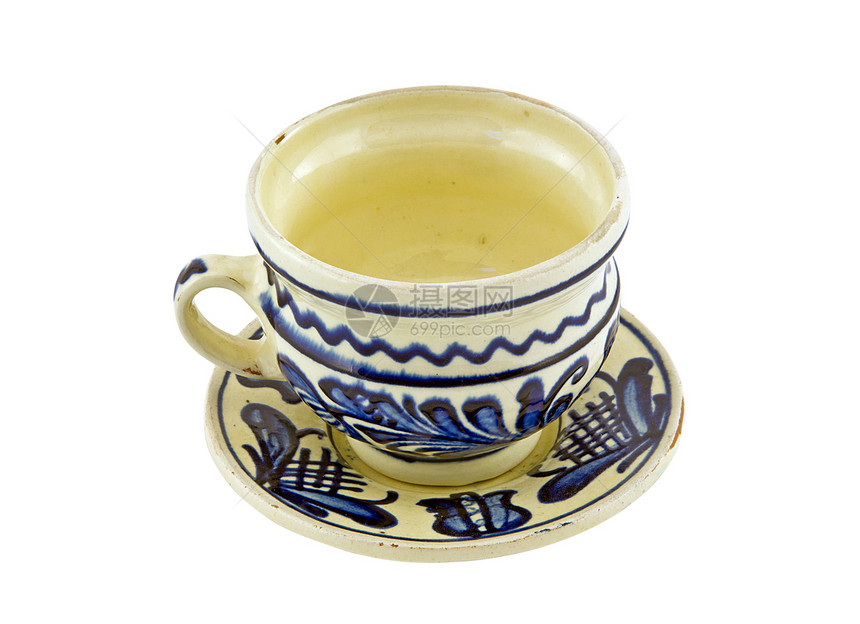白纸上隔绝的手绘茶杯和酱汁艺术工作室蓝色制品陶瓷白色飞碟陶器手工图片
