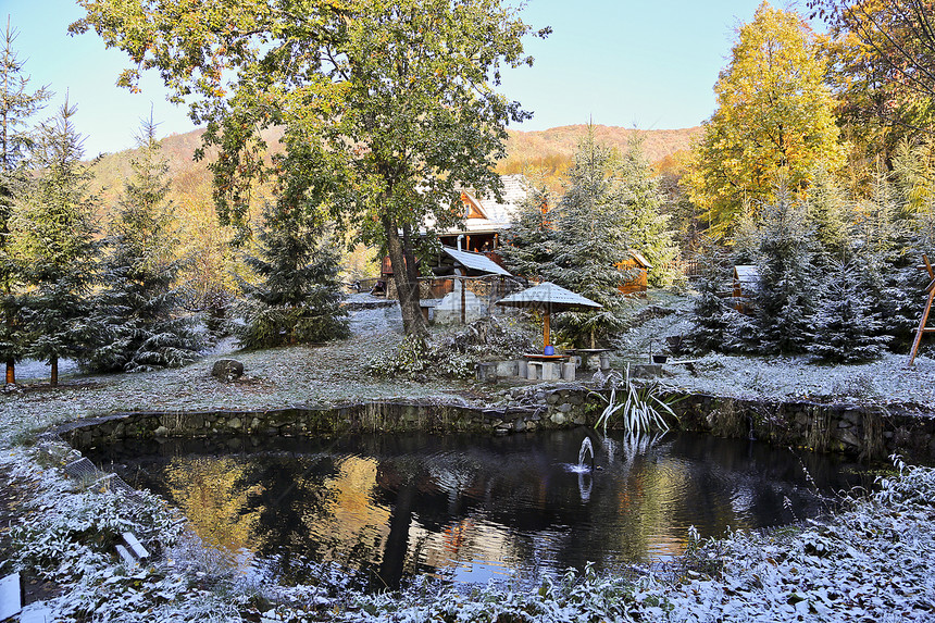 第一场雪松树池塘房子太阳建筑白色花园树木阳光图片