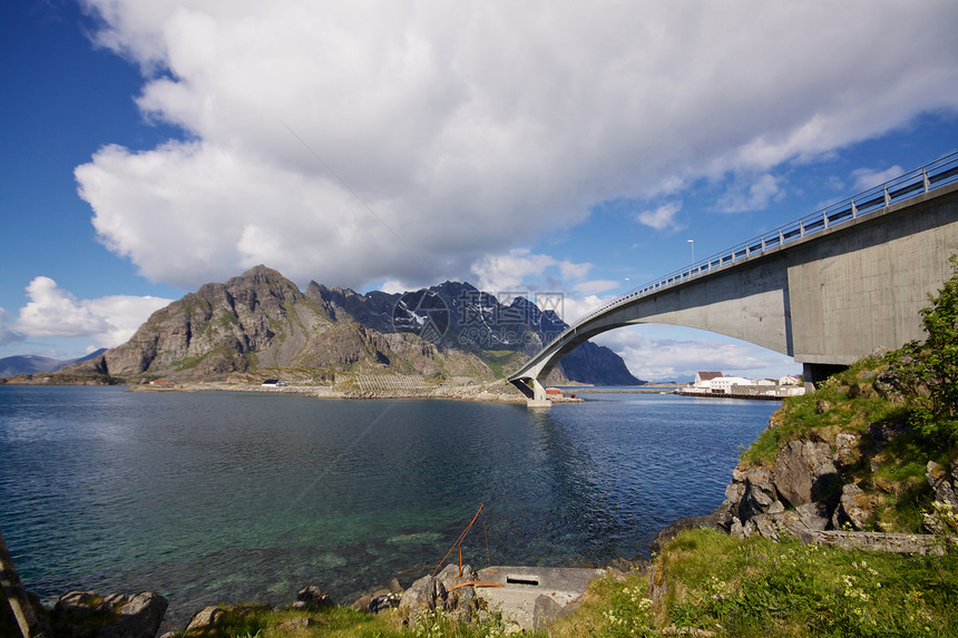 挪威桥峡湾全景海岸岩石岛屿山脉风景海洋图片