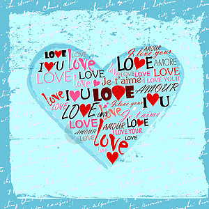 爱由心生由多种语言的爱言语和强力效应组成的心脏插画