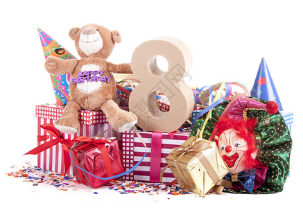 8周年店庆儿童生日在政党气氛中的年龄数字以年龄计纪念日派对帽子展示礼物孩子们惊喜包装盒子纸盒背景