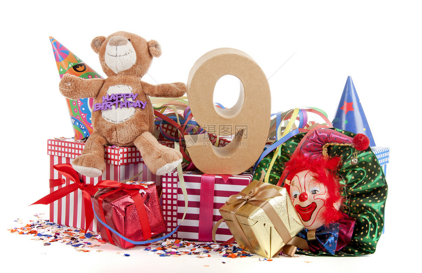儿童生日在政党气氛中的年龄数字以年龄计纸盒纸板展示庆典惊喜幸福包装小丑孩子礼物图片