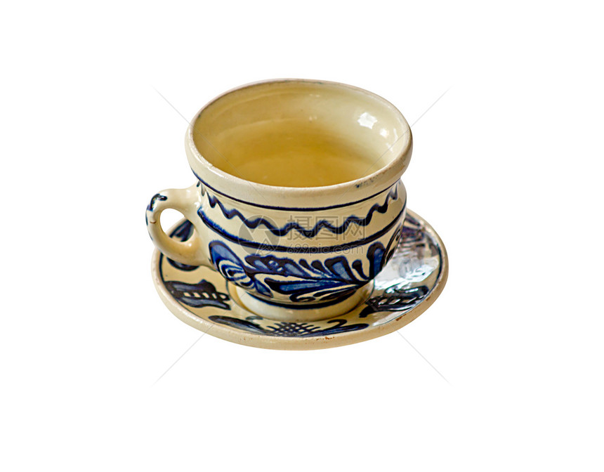 白纸上隔绝的手绘茶杯和酱汁手工艺术陶器制品白色飞碟陶瓷蓝色图片