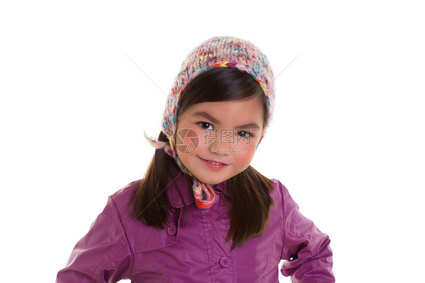 亚洲女童亚洲女婴冬季肖像 紫外套和羊毛帽女儿相机贝雷帽女性冒充紫色微笑孩子快乐女孩图片