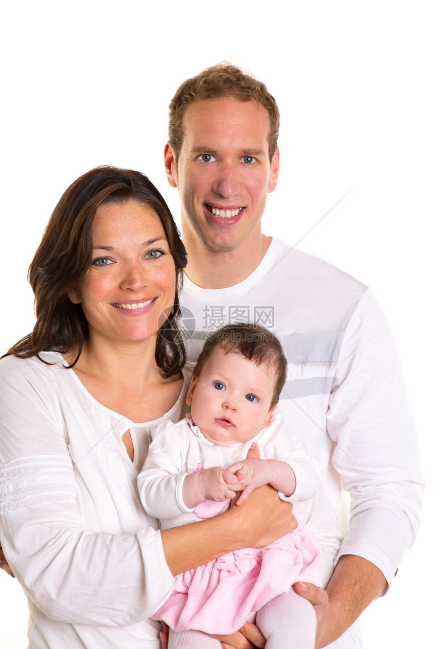 婴儿女孩母亲和父亲家庭在白边快乐女性享受快乐后代工作室男性帮手母性男人丈夫图片