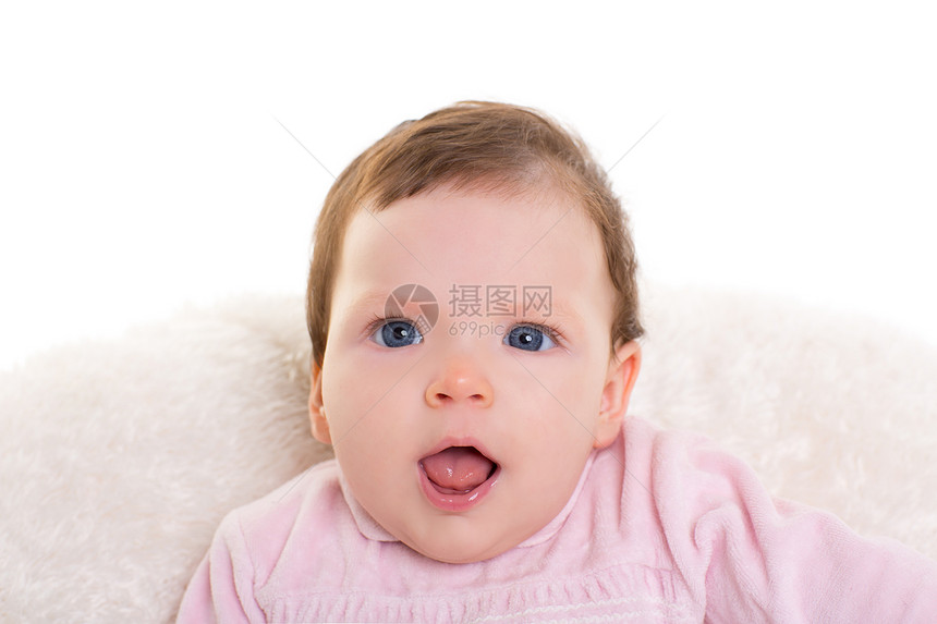 以粉红色的滑稽手势孩子毯子婴儿眼睛皮肤幸福蓝色毛皮摇篮家庭图片