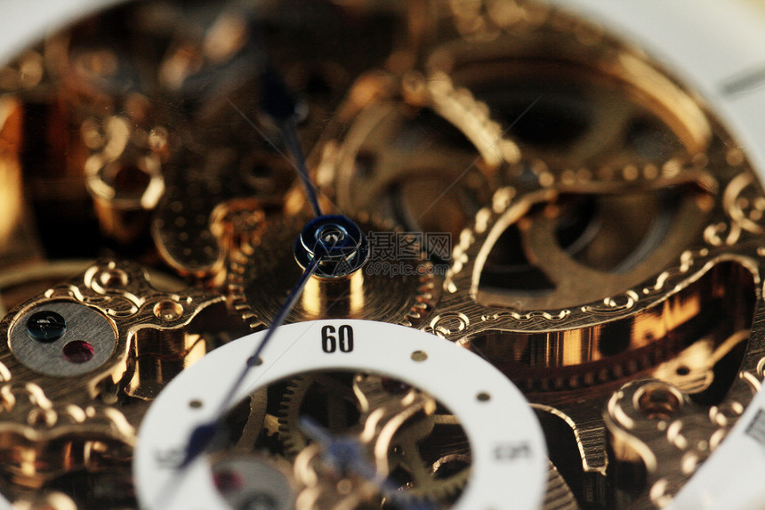 旧手表机轮子时间金子带子压力拨号棕褐色古董齿轮技术图片
