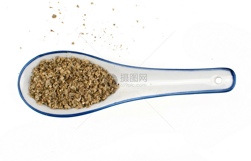 马约拉姆粉末香气制品烹饪香料草本植物食物勺子白色地面图片