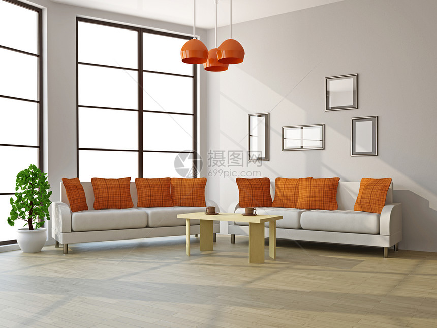 带沙发和一张桌子的客厅阳光时尚装饰长椅家具软垫房间长沙发地面框架图片