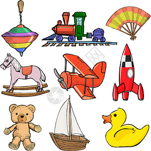 一套玩具洗澡网络草图帆船图标集旋转卡通片鸭子教育分拣机插画