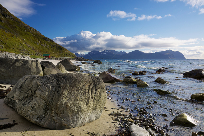 洛福顿的落岩海滩旅行巨石风景场景海岸线太阳全景岩石峡湾支撑图片