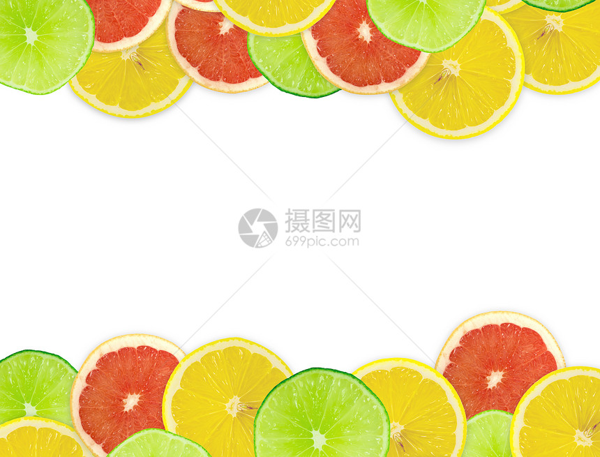 柑橘切片摘要背景 特写 工作室照片红色框架圆圈橙子黄色柠檬摄影绿色食物肉质图片