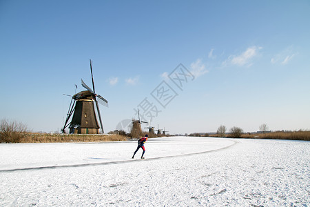 荷兰Kinderdijk滑冰运动界标小孩历史溜冰者冰鞋风车堤防背景图片
