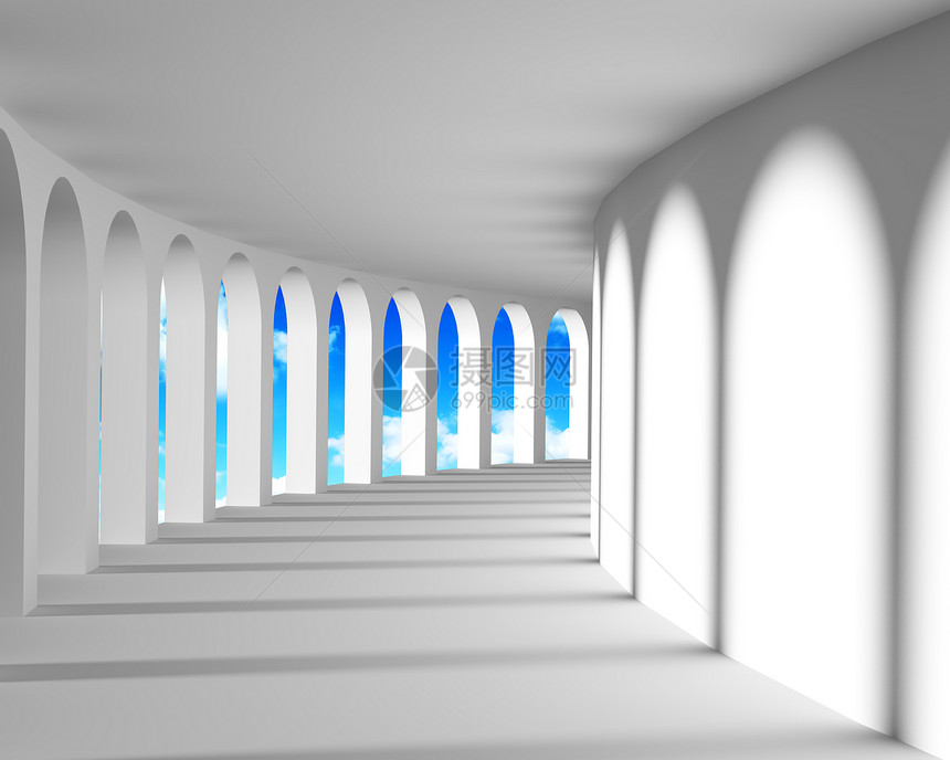 带柱子和蓝天空的白色抽象走廊图片