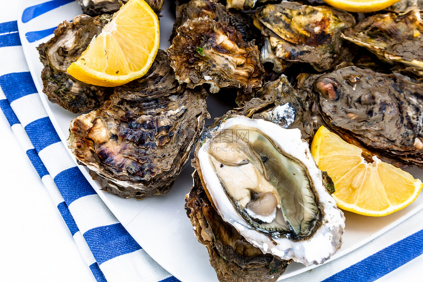 牡蛎熟食海鲜美食贝类奢华食物营养海洋柠檬壳类图片