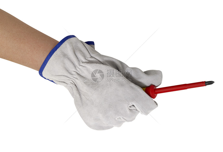 带螺丝起子的手套手爱好工作服宏观手势皮肤皮革设备白色定位螺丝刀图片