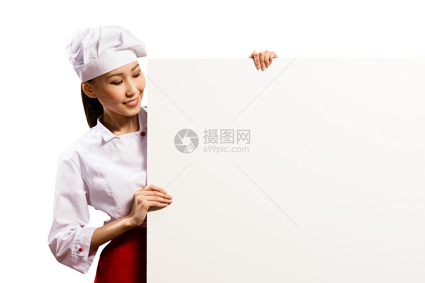 持有文本海报的女厨师工作室衣服助手广告牌职业木板女性食物厨房广告图片