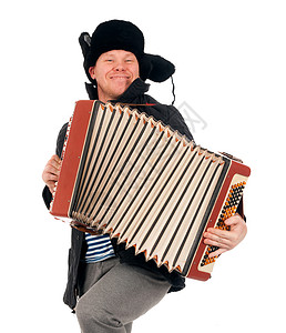 手风琴的俄罗斯人艺术剥离民间毛皮演奏家乐趣古董脖子乐队帽子背景图片
