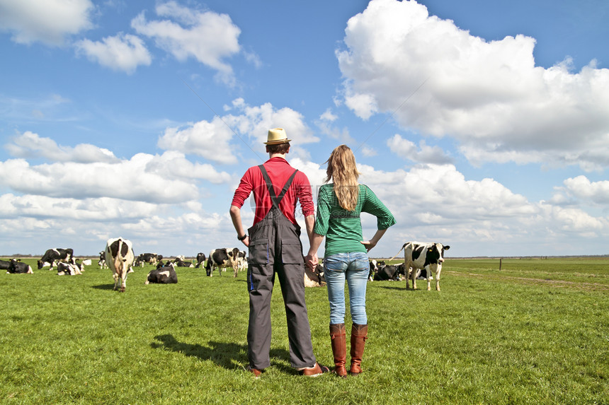 农夫和他的妻子骄傲地看着他们的牛群农妇草地男性绿色农场奶牛哺乳动物农民男人动物图片