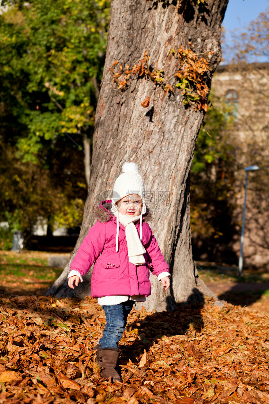 秋天在户外玩耍的可爱女孩季节围巾闲暇夹克女性森林孩子活动幸福乐趣图片