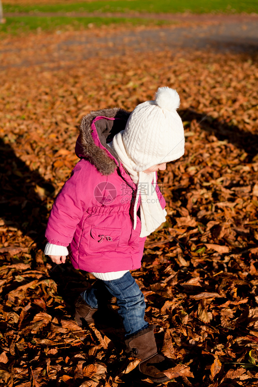 秋天在户外玩耍的可爱女孩森林闲暇女性夹克幸福围巾公园橙子季节童年图片
