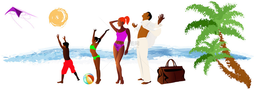 夏季家庭休息蓝色孩子棕榈男生橙子旅行女士男人海滩海洋图片