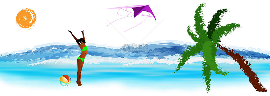 在奇异的海上度假胜地安乐休息蓝色女士太阳旅行叶子插图热带孩子棕榈海浪图片