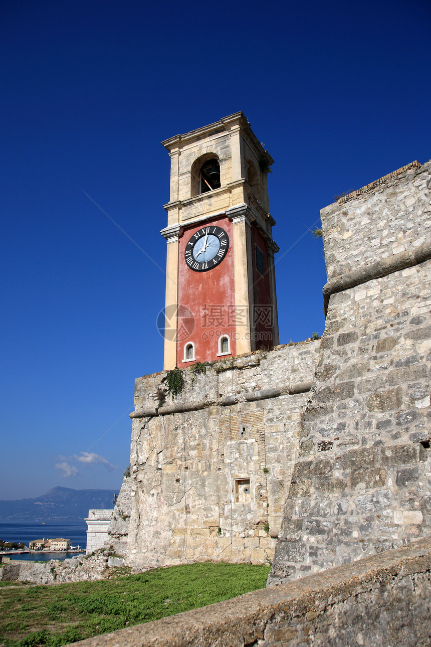 旧塔时钟纪念碑文化蓝色墙壁建筑历史性堡垒旅行天空图片
