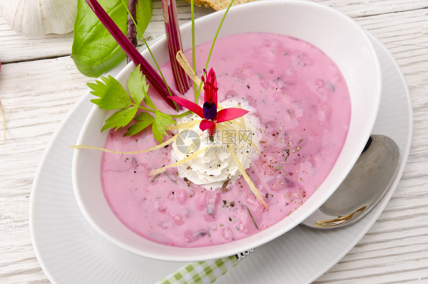 冷甜菜汤派对美食酸奶蔬菜饮食午餐食物玻璃庆典烹饪图片