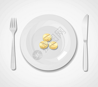 国食健字健食概念 盘子上三片药片插画