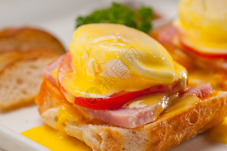 本尼迪克特用番茄和火腿烤面包上的鸡蛋宏观奶制品英语食物烹饪面包香菜水煮盘子火腿背景