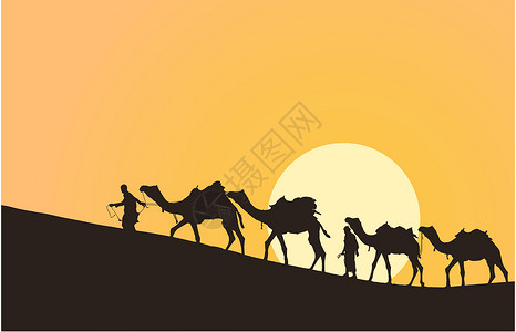 金巴兰日落沙漠中配有骆驼的车队插画