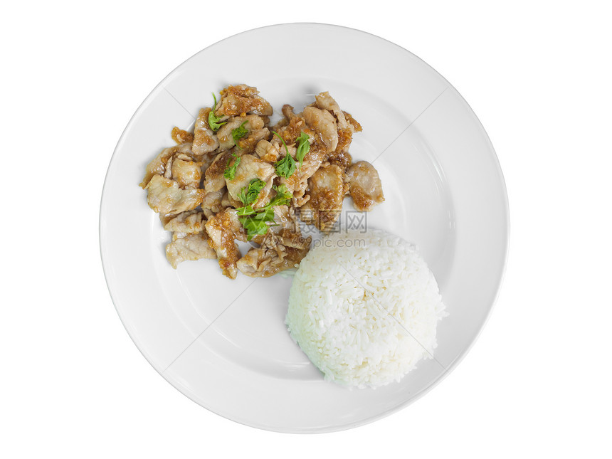 大蒜猪肉和盘米饭图片