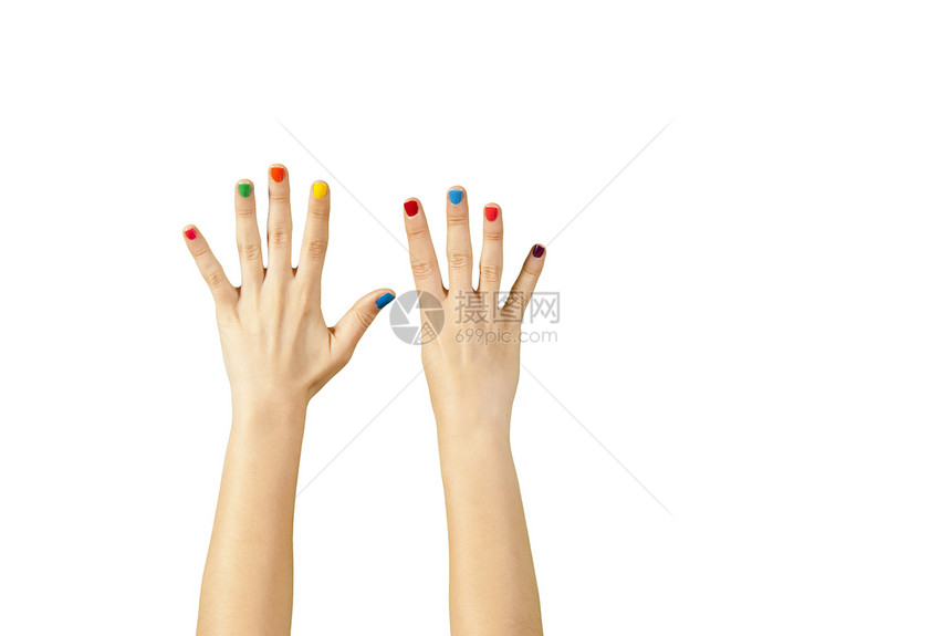 美丽的女人手和修指甲的美人手帮助化妆品抛光手臂女孩美甲棕榈手势拇指手腕图片