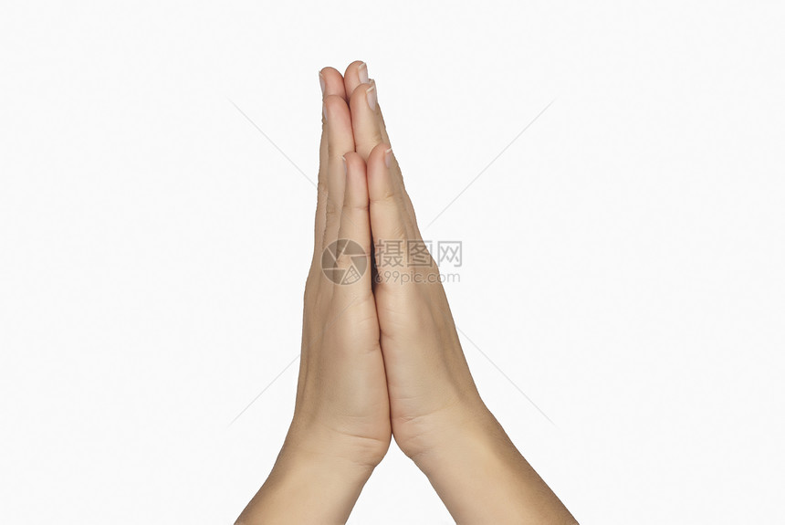 在白背景上孤立的祈祷手帮助考虑乞丐天堂教会宽慰手指棕榈信仰女性图片
