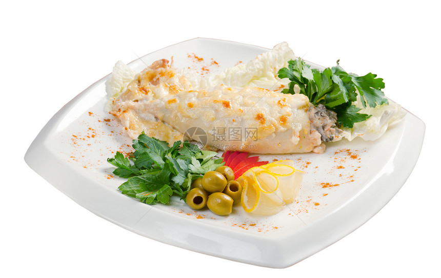 装满鱼和蔬菜的渔具美食食物白人早餐鱿鱼章鱼厨房盘子海鲜传统图片