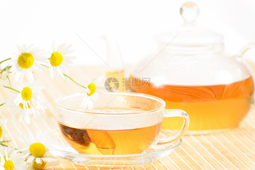 茶杯加香草甘菊茶叶子液体食物芳香橙子礼物饮料疗法服务草本植物图片