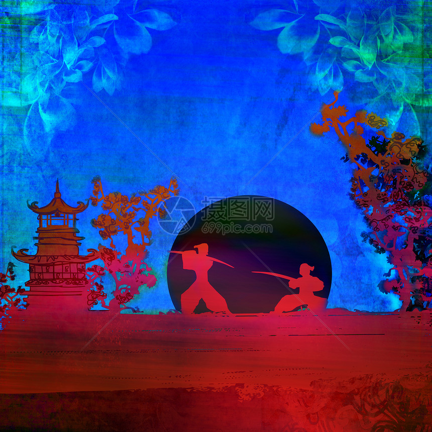 亚洲风景中的Samurai 光影身影太阳宝塔寺庙天空插图忍者樱花日落文化植物图片